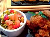 Pollo tempura! aros cebolla ensalada legumbres verduras crudas!