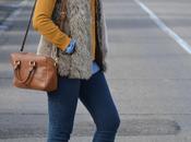 Look: Chaleco pelo mostaza azul