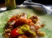 Salteado lentejas pulpo langostinos vinagreta soja