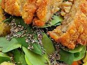 Almuerzo vegano: Ensalada moringa "pollo" yuba. bolitas "pescado" frito tofu trata zanahoria vegana