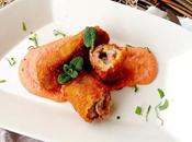 Rollitos filetes pierna cordero salsa escalivada yogur menta.