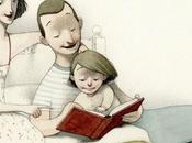 Acuesta hijos leyendo libro, viendo televisión