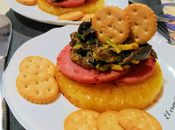 Tapa piña plancha setas, jamón galletas saladas